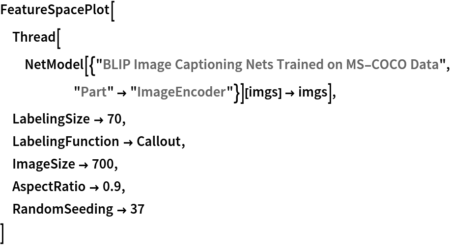 FeatureSpacePlot[
 Thread[NetModel[{"BLIP Image Captioning Nets Trained on MS-COCO Data", "Part" -> "ImageEncoder"}][imgs] -> imgs],
 LabelingSize -> 70,
 LabelingFunction -> Callout,
 ImageSize -> 700,
 AspectRatio -> 0.9,
 RandomSeeding -> 37
 ]