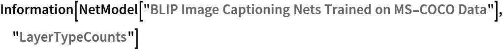 Information[
 NetModel[
  "BLIP Image Captioning Nets Trained on MS-COCO Data"], "LayerTypeCounts"]