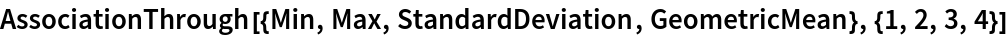 AssociationThrough[{Min, Max, StandardDeviation, GeometricMean}, {1, 2, 3, 4}]