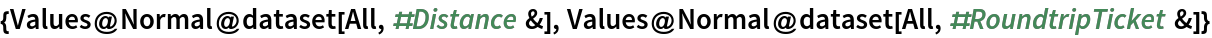 {Values@Normal@dataset[All, #Distance &], Values@Normal@dataset[All, #RoundtripTicket &]}