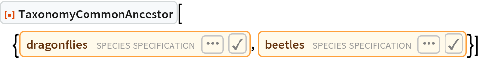 ResourceFunction["TaxonomyCommonAncestor", ResourceVersion->"1.0.0"][{Entity["TaxonomicSpecies", "Anisoptera::32b96"], Entity["TaxonomicSpecies", "Coleoptera::2k86r"]}]