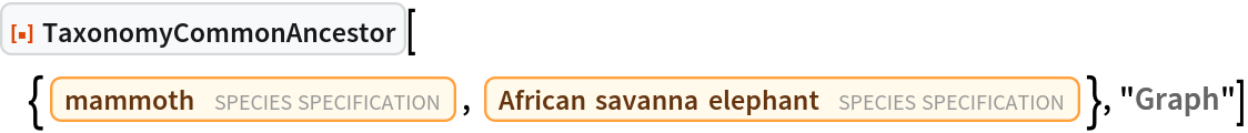 ResourceFunction["TaxonomyCommonAncestor", ResourceVersion->"1.0.0"][{Entity["TaxonomicSpecies", "Mammuthus::j5m56"], Entity["TaxonomicSpecies", "LoxodontaAfricana::qtsb3"]}, "Graph"]