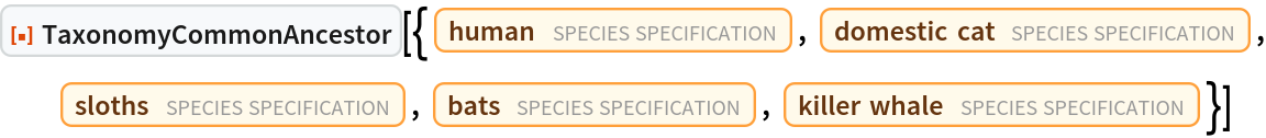 ResourceFunction["TaxonomyCommonAncestor", ResourceVersion->"1.0.0"][{Entity["TaxonomicSpecies", "HomoSapiens::4pydj"], Entity["TaxonomicSpecies", "FelisCatus::ddvt3"], Entity["TaxonomicSpecies", "Folivora::45r48"], Entity["TaxonomicSpecies", "Chiroptera::8zx62"], Entity["TaxonomicSpecies", "OrcinusOrca::t9226"]}]