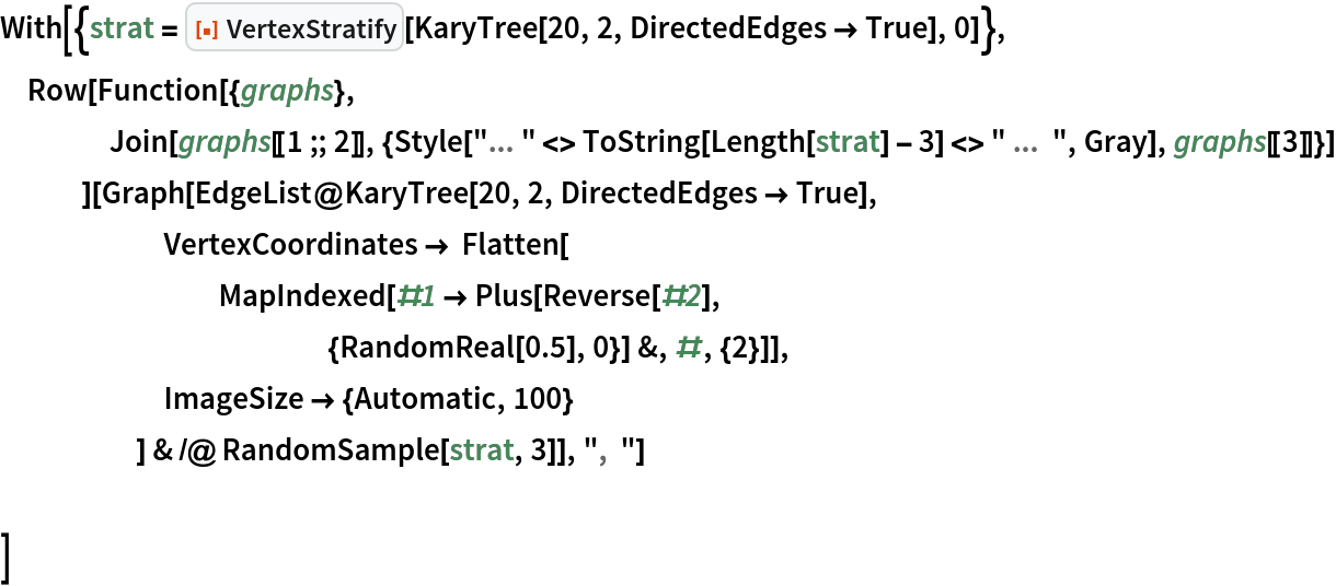 With[{strat = ResourceFunction["VertexStratify"][
    KaryTree[20, 2, DirectedEdges -> True], 0]},
 Row[Function[{graphs},
    Join[graphs[[
      1 ;; 2]], {Style[
       "... " <> ToString[Length[strat] - 3] <> " ...  ", Gray], graphs[[3]]}]
    ][Graph[EdgeList@KaryTree[20, 2, DirectedEdges -> True],
      VertexCoordinates -> Flatten[
        MapIndexed[#1 -> Plus[Reverse[#2],
            {RandomReal[0.5], 0}] &, #, {2}]],
      ImageSize -> {Automatic, 100}
      ] & /@ RandomSample[strat, 3]], ",  "] ]