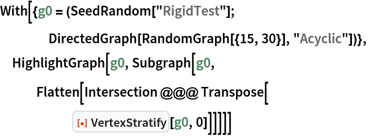 With[{g0 = (SeedRandom["RigidTest"];
    DirectedGraph[RandomGraph[{15, 30}], "Acyclic"])},
 HighlightGraph[g0, Subgraph[g0,
   Flatten[Intersection @@@ Transpose[
      ResourceFunction["VertexStratify"][g0, 0]]]]]]