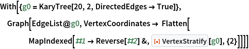 With[{g0 = KaryTree[20, 2, DirectedEdges -> True]},
 Graph[EdgeList@g0, VertexCoordinates -> Flatten[
    MapIndexed[#1 -> Reverse[#2] &, ResourceFunction["VertexStratify"][g0], {2}]]]]