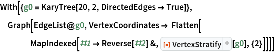 With[{g0 = KaryTree[20, 2, DirectedEdges -> True]},
 Graph[EdgeList@g0, VertexCoordinates -> Flatten[
    MapIndexed[#1 -> Reverse[#2] &, ResourceFunction["VertexStratify"][g0], {2}]]]]