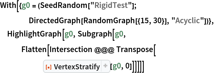 With[{g0 = (SeedRandom["RigidTest"];
    DirectedGraph[RandomGraph[{15, 30}], "Acyclic"])},
 HighlightGraph[g0, Subgraph[g0,
   Flatten[Intersection @@@ Transpose[
      ResourceFunction["VertexStratify"][g0, 0]]]]]]