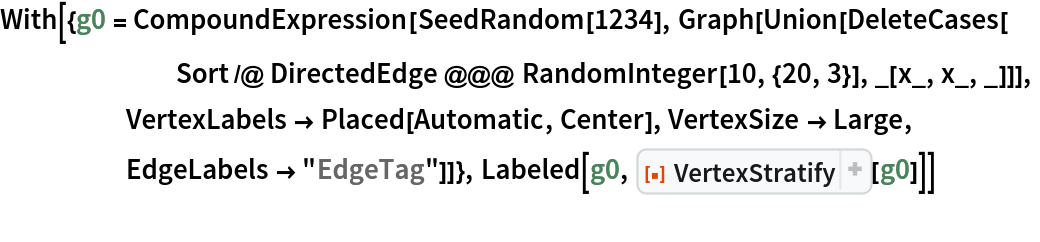 With[{g0 = CompoundExpression[SeedRandom[1234], Graph[Union[DeleteCases[
       Sort /@ DirectedEdge @@@ RandomInteger[10, {20, 3}], _[x_, x_, _]]],
     VertexLabels -> Placed[Automatic, Center], VertexSize -> Large,
     EdgeLabels -> "EdgeTag"]]}, Labeled[g0, ResourceFunction["VertexStratify"][g0]]]
