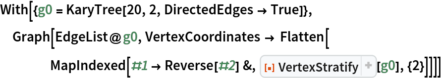 With[{g0 = KaryTree[20, 2, DirectedEdges -> True]},
 Graph[EdgeList@g0, VertexCoordinates -> Flatten[
    MapIndexed[#1 -> Reverse[#2] &, ResourceFunction["VertexStratify"][g0], {2}]]]]