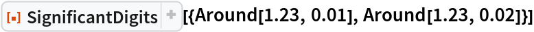 ResourceFunction[
 "SignificantDigits"][{Around[1.23, 0.01], Around[1.23, 0.02]}]