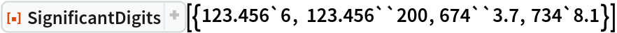 ResourceFunction[
 "SignificantDigits"][{123.456`6, 123.456``200, 674``3.7, 734`8.1}]