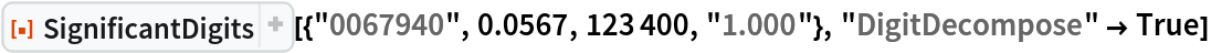 ResourceFunction[
 "SignificantDigits"][{"0067940", 0.0567, 123400, "1.000"}, "DigitDecompose" -> True]