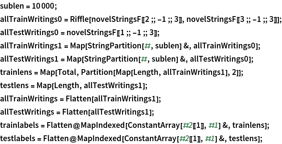 sublen = 10000;
allTrainWritings0 = Riffle[novelStringsF[[2 ;; -1 ;; 3]], novelStringsF[[3 ;; -1 ;; 3]]];
allTestWritings0 = novelStringsF[[1 ;; -1 ;; 3]];
allTrainWritings1 = Map[StringPartition[#, sublen] &, allTrainWritings0];
allTestWritings1 = Map[StringPartition[#, sublen] &, allTestWritings0];
trainlens = Map[Total, Partition[Map[Length, allTrainWritings1], 2]];
testlens = Map[Length, allTestWritings1];
allTrainWritings = Flatten[allTrainWritings1];
allTestWritings = Flatten[allTestWritings1];
trainlabels = Flatten@MapIndexed[ConstantArray[#2[[1]], #1] &, trainlens];
testlabels = Flatten@MapIndexed[ConstantArray[#2[[1]], #1] &, testlens];