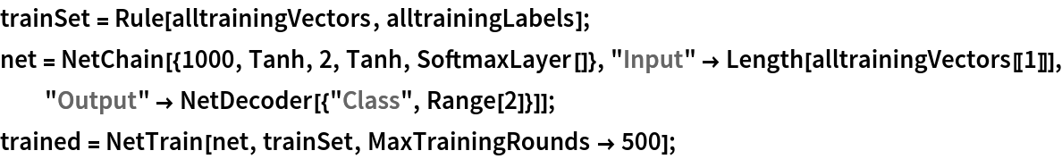 trainSet = Rule[alltrainingVectors, alltrainingLabels];
net = NetChain[{1000, Tanh, 2, Tanh, SoftmaxLayer[]}, "Input" -> Length[alltrainingVectors[[1]]], "Output" -> NetDecoder[{"Class", Range[2]}]]; trained = NetTrain[net, trainSet, MaxTrainingRounds -> 500];