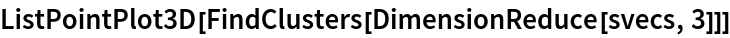 ListPointPlot3D[FindClusters[DimensionReduce[svecs, 3]]]