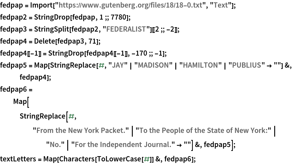 fedpap = Import["https://www.gutenberg.org/files/18/18-0.txt", "Text"];
fedpap2 = StringDrop[fedpap, 1 ;; 7780];
fedpap3 = StringSplit[fedpap2, "FEDERALIST"][[2 ;; -2]];
fedpap4 = Delete[fedpap3, 71];
fedpap4[[-1]] = StringDrop[fedpap4[[-1]], -170 ;; -1];
fedpap5 = Map[StringReplace[#, "JAY" | "MADISON" | "HAMILTON" | "PUBLIUS" -> ""] &, fedpap4];
fedpap6 = Map[StringReplace[#, "From the New York Packet." | "To the People of the State of New York:" | "No." | "For the Independent Journal." -> ""] &, fedpap5];
textLetters = Map[Characters[ToLowerCase[#]] &, fedpap6];