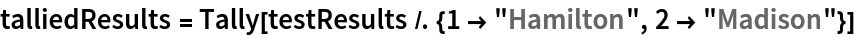 talliedResults = Tally[testResults /. {1 -> "Hamilton", 2 -> "Madison"}]