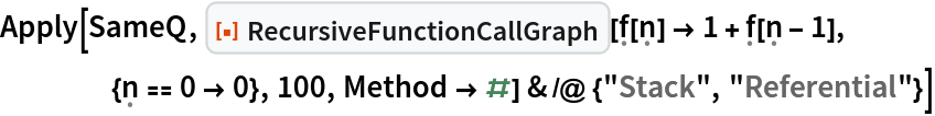 Apply[SameQ, ResourceFunction["RecursiveFunctionCallGraph", ResourceVersion->"1.0.0"][\[FormalF][\[FormalN]] -> 1 + \[FormalF][\[FormalN] - 1],
    {\[FormalN] == 0 -> 0}, 100, Method -> #] & /@ {"Stack", "Referential"}]