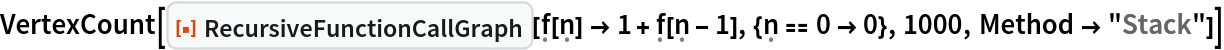 VertexCount[
 ResourceFunction["RecursiveFunctionCallGraph", ResourceVersion->"1.0.0"][\[FormalF][\[FormalN]] -> 1 + \[FormalF][\[FormalN] - 1], {\[FormalN] == 0 -> 0}, 1000, Method -> "Stack"]]