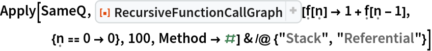 Apply[SameQ, ResourceFunction["RecursiveFunctionCallGraph", ResourceVersion->"1.1.0"][\[FormalF][\[FormalN]] -> 1 + \[FormalF][\[FormalN] - 1],
    {\[FormalN] == 0 -> 0}, 100, Method -> #] & /@ {"Stack", "Referential"}]