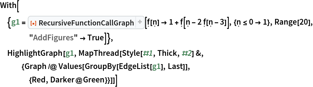 With[{g1 = ResourceFunction["RecursiveFunctionCallGraph", ResourceVersion->"1.1.0"][\[FormalF][\[FormalN]] -> 1 + \[FormalF][\[FormalN] - 2 \[FormalF][\[FormalN] - 3]], {\[FormalN] <= 0 -> 1}, Range[20], "AddFigures" -> True]},
 HighlightGraph[g1, MapThread[
   Style[#1, Thick, #2] &, {Graph /@ Values[GroupBy[EdgeList[g1], Last]],
    {Red, Darker@Green}}]]]