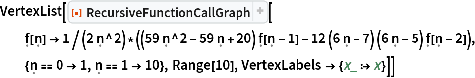 VertexList[
 ResourceFunction[
  "RecursiveFunctionCallGraph"][\[FormalF][\[FormalN]] -> 1/(2 \[FormalN]^2)*((59 \[FormalN]^2 - 59 \[FormalN] + 20) \[FormalF][\[FormalN] - 1] - 12 (6 \[FormalN] - 7) (6 \[FormalN] - 5) \[FormalF][\[FormalN] - 2]), {\[FormalN] == 0 -> 1, \[FormalN] == 1 -> 10}, Range[10], VertexLabels -> {x_ :> x}]]