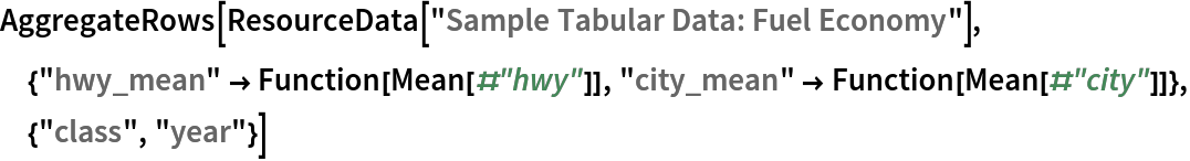 AggregateRows[ResourceData[\!\(\*
TagBox["\"\<Sample Tabular Data: Fuel Economy\>\"",
#& ,
BoxID -> "ResourceTag-Sample Tabular Data: Fuel Economy-Input",
AutoDelete->True]\)], {"hwy_mean" -> Function[Mean[#"hwy"]], "city_mean" -> Function[Mean[#"city"]]}, {"class", "year"}]