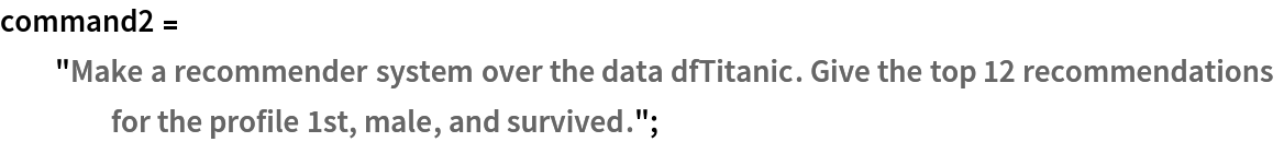 command2 = "Make a recommender system over the data dfTitanic. Give the top 12 recommendations for the profile 1st, male, and survived.";