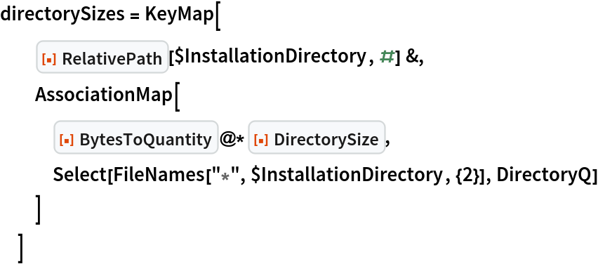 directorySizes = KeyMap[
  ResourceFunction["RelativePath"][$InstallationDirectory, #] &,
  AssociationMap[
   ResourceFunction["BytesToQuantity"]@*ResourceFunction[
    "DirectorySize"],
   Select[FileNames["*", $InstallationDirectory, {2}], DirectoryQ]
   ]
  ]