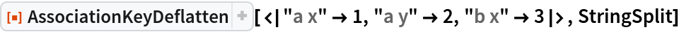 ResourceFunction["AssociationKeyDeflatten", ResourceVersion->"1.0.0"][<|"a x" -> 1, "a y" -> 2, "b x" -> 3|>, StringSplit]