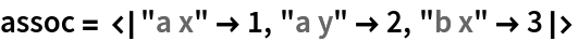 assoc = <|"a x" -> 1, "a y" -> 2, "b x" -> 3|>