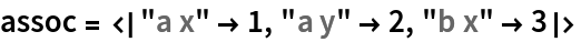 assoc = <|"a x" -> 1, "a y" -> 2, "b x" -> 3|>