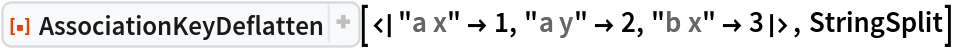 ResourceFunction[
 "AssociationKeyDeflatten"][<|"a x" -> 1, "a y" -> 2, "b x" -> 3|>, StringSplit]