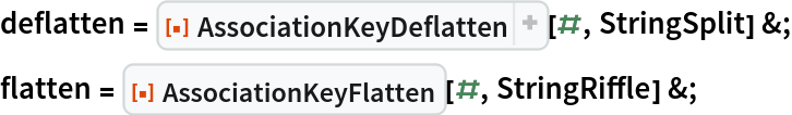 deflatten = ResourceFunction["AssociationKeyDeflatten"][#, StringSplit] &;
flatten = ResourceFunction["AssociationKeyFlatten"][#, StringRiffle] &;