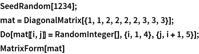 SeedRandom[1234];
mat = DiagonalMatrix[{1, 1, 2, 2, 2, 2, 3, 3, 3}];
Do[mat[[i, j]] = RandomInteger[], {i, 1, 4}, {j, i + 1, 5}];
MatrixForm[mat]