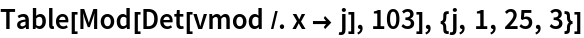 Table[Mod[Det[vmod /. x -> j], 103], {j, 1, 25, 3}]