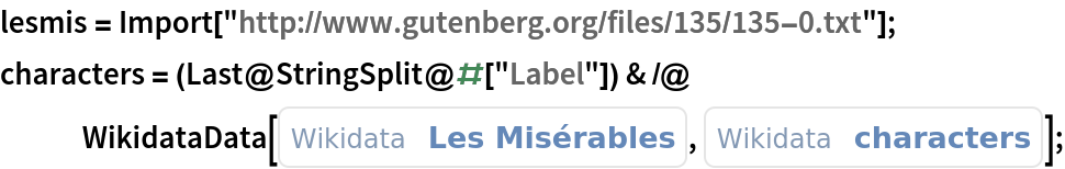 lesmis = Import["http://www.gutenberg.org/files/135/135-0.txt"];
characters = (Last@StringSplit@#["Label"]) & /@ WikidataData[
    ExternalIdentifier["WikidataID", "Q180736", <|"Label" -> "Les Misérables", "Description" -> "1862 Victor Hugo novel"|>], ExternalIdentifier["WikidataID", "P674", <|"Label" -> "characters", "Description" -> "characters which appear in this item (like plays, operas, operettas, books, comics, films, TV series, video games)"|>]];