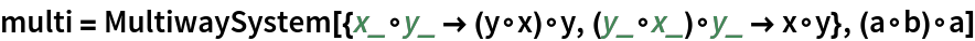 multi = MultiwaySystem[{x_\[SmallCircle]y_ -> (y\[SmallCircle]x)\[SmallCircle]y, (y_\[SmallCircle]x_)\[SmallCircle]y_ -> x\[SmallCircle]y}, (a\[SmallCircle]b)\[SmallCircle]a]