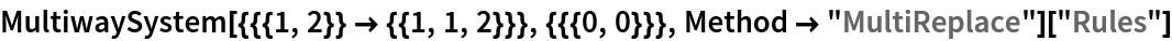 MultiwaySystem[{{{1, 2}} -> {{1, 1, 2}}}, {{{0, 0}}}, Method -> "MultiReplace"]["Rules"]