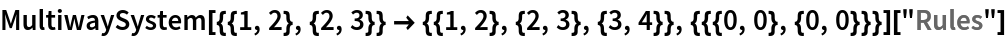 MultiwaySystem[{{1, 2}, {2, 3}} -> {{1, 2}, {2, 3}, {3, 4}}, {{{0, 0}, {0, 0}}}]["Rules"]