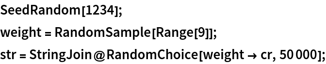 SeedRandom[1234];
weight = RandomSample[Range[9]];
str = StringJoin@RandomChoice[weight -> cr, 50000];