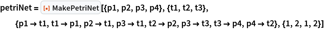 petriNet = ResourceFunction[
  "MakePetriNet"][{p1, p2, p3, p4}, {t1, t2, t3}, {p1 -> t1, t1 -> p1,
    p2 -> t1, p3 -> t1, t2 -> p2, p3 -> t3, t3 -> p4, p4 -> t2}, {1, 2, 1, 2}]