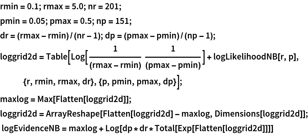 rmin = 0.1; rmax = 5.0; nr = 201;
pmin = 0.05; pmax = 0.5; np = 151;
dr = (rmax - rmin)/(nr - 1); dp = (pmax - pmin)/(np - 1);
loggrid2d = Table[Log[1/(rmax - rmin) 1/(pmax - pmin)] + logLikelihoodNB[r, p], {r, rmin, rmax, dr}, {p, pmin, pmax, dp}];
maxlog = Max[Flatten[loggrid2d]];
loggrid2d = ArrayReshape[Flatten[loggrid2d] - maxlog, Dimensions[loggrid2d]];
 logEvidenceNB = maxlog + Log[dp*dr*Total[Exp[Flatten[loggrid2d]]]]