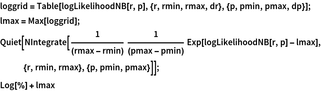 loggrid = Table[logLikelihoodNB[r, p], {r, rmin, rmax, dr}, {p, pmin, pmax, dp}];
lmax = Max[loggrid];
Quiet[NIntegrate[
   1/(rmax - rmin) 1/(pmax - pmin) Exp[
     logLikelihoodNB[r, p] - lmax], {r, rmin, rmax}, {p, pmin, pmax}]];
Log[%] + lmax