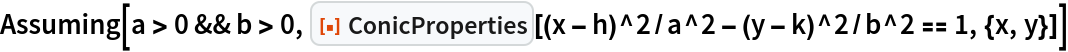Assuming[a > 0 && b > 0, ResourceFunction[
  "ConicProperties"][(x - h)^2/a^2 - (y - k)^2/b^2 == 1, {x, y}]]