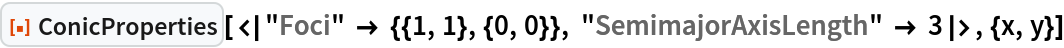 ResourceFunction[
 "ConicProperties"][<|"Foci" -> {{1, 1}, {0, 0}}, "SemimajorAxisLength" -> 3|>, {x, y}]