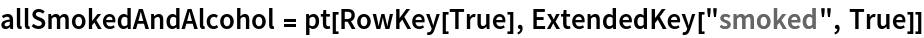 allSmokedAndAlcohol = pt[RowKey[True], ExtendedKey["smoked", True]]