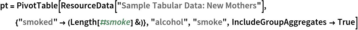 pt = PivotTable[ResourceData[\!\(\*
TagBox["\"\<Sample Tabular Data: New Mothers\>\"",
#& ,
BoxID -> "ResourceTag-Sample Tabular Data: New Mothers-Input",
AutoDelete->True]\)], {"smoked" -> (Length[#smoke] &)}, "alcohol", "smoke", IncludeGroupAggregates -> True]