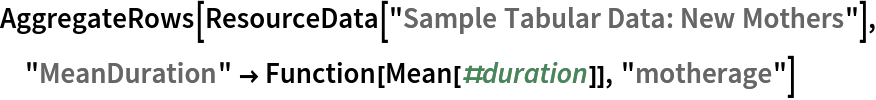 AggregateRows[ResourceData[\!\(\*
TagBox["\"\<Sample Tabular Data: New Mothers\>\"",
#& ,
BoxID -> "ResourceTag-Sample Tabular Data: New Mothers-Input",
AutoDelete->True]\)], "MeanDuration" -> Function[Mean[#duration]], "motherage"]